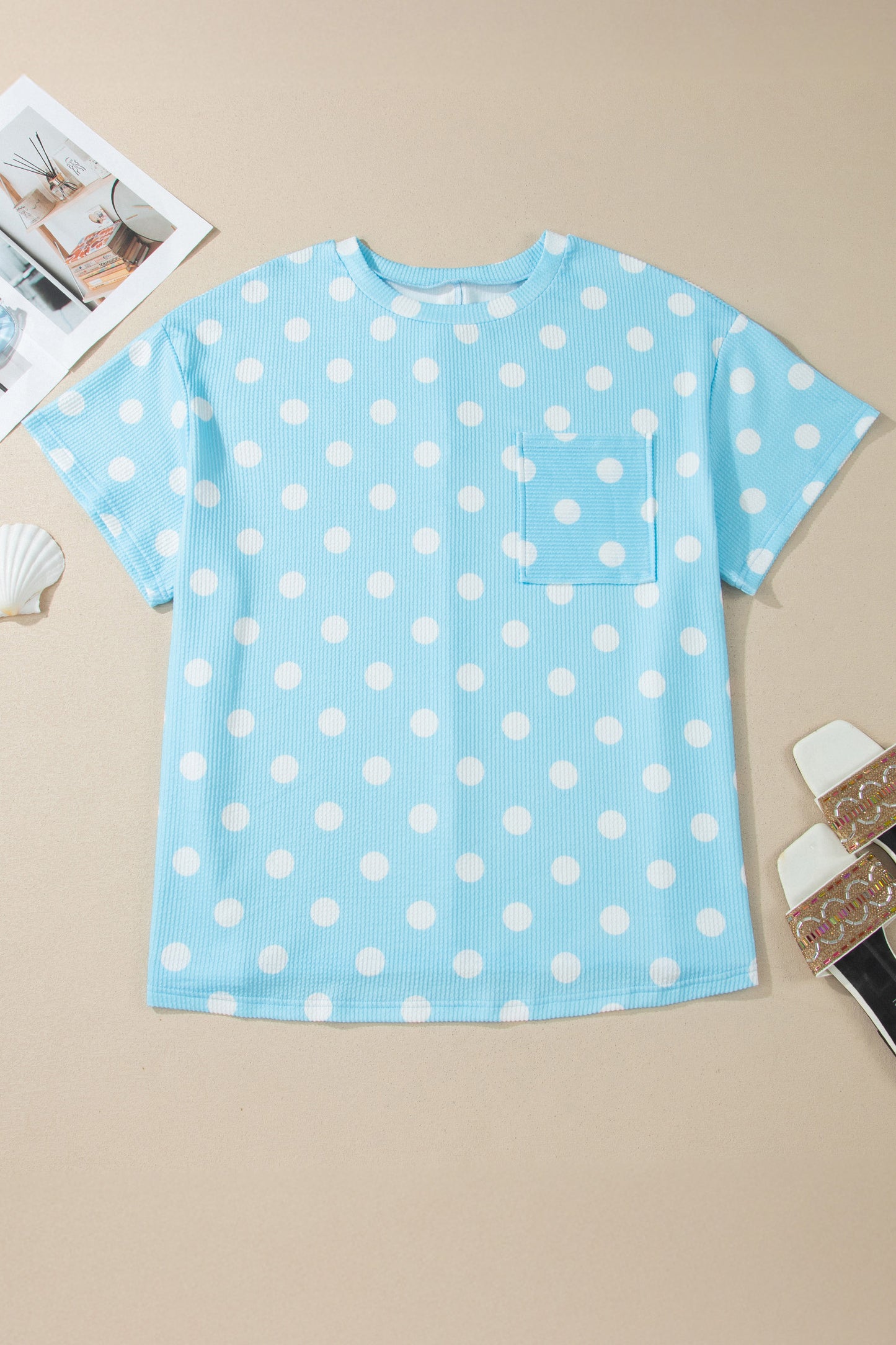 Polka Dot Waffle Knit Plus Size Pocket Top