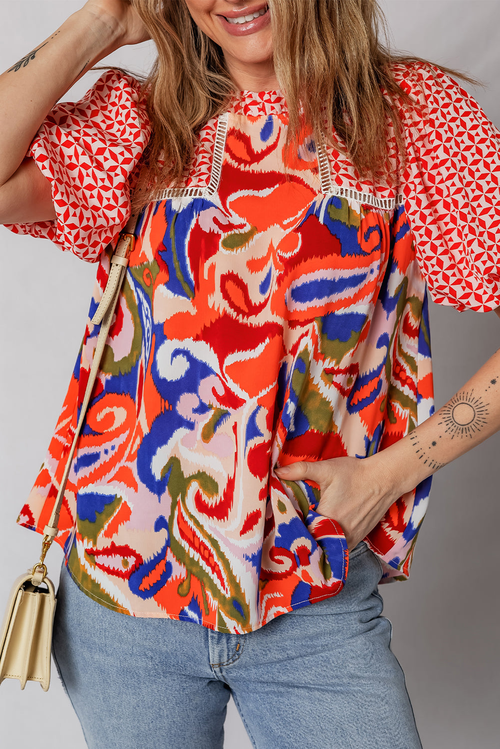 Patchwork Abstract Blouse Boho Puff Sleeve Top