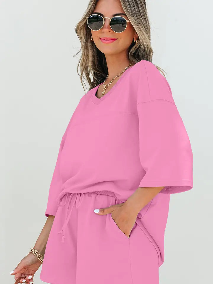 Meadow Mist Green Solid Loose V Neck Half Sleeve Tee and Shorts