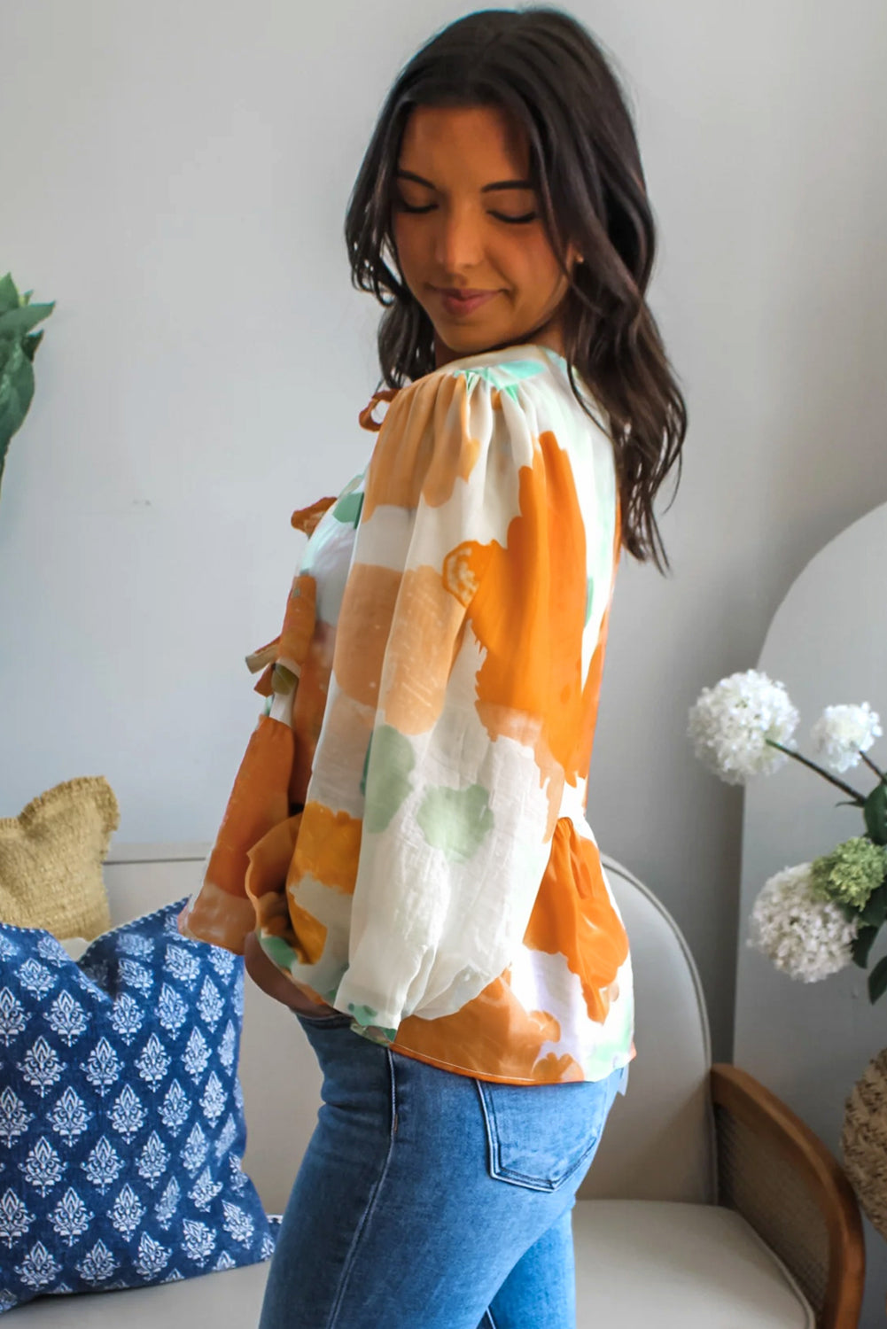 Carrot Abstract Floral Print Bow Tie Long Puff Sleeve Blouse