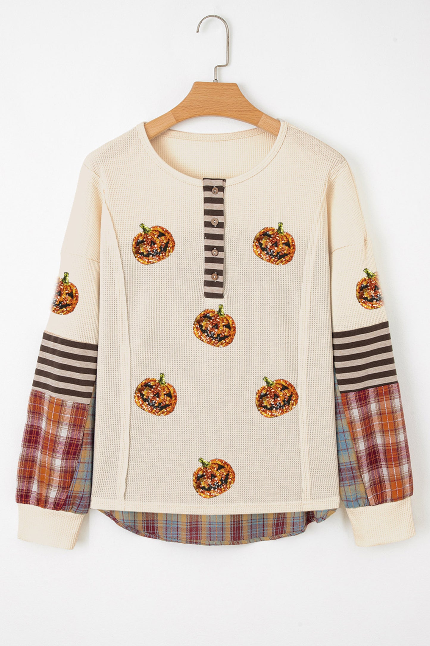 Beige Sequined Pumpkin Face Patched Henley Waffle Top