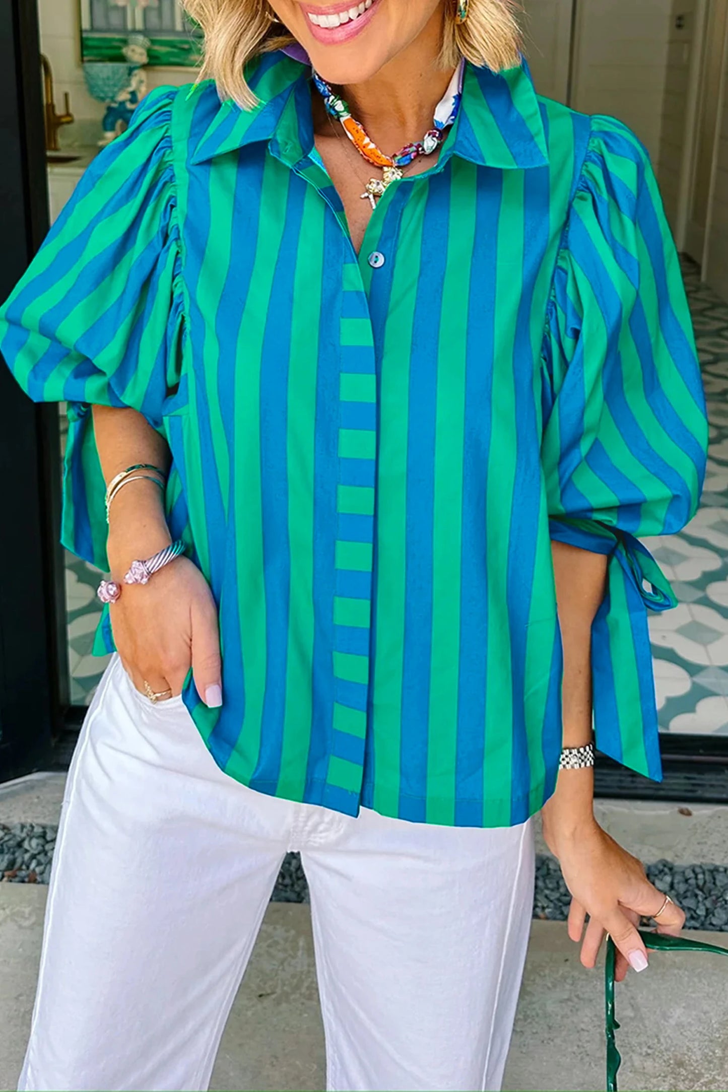 Red Stripe Tie Puff Sleeve Womens Button Down Shirt