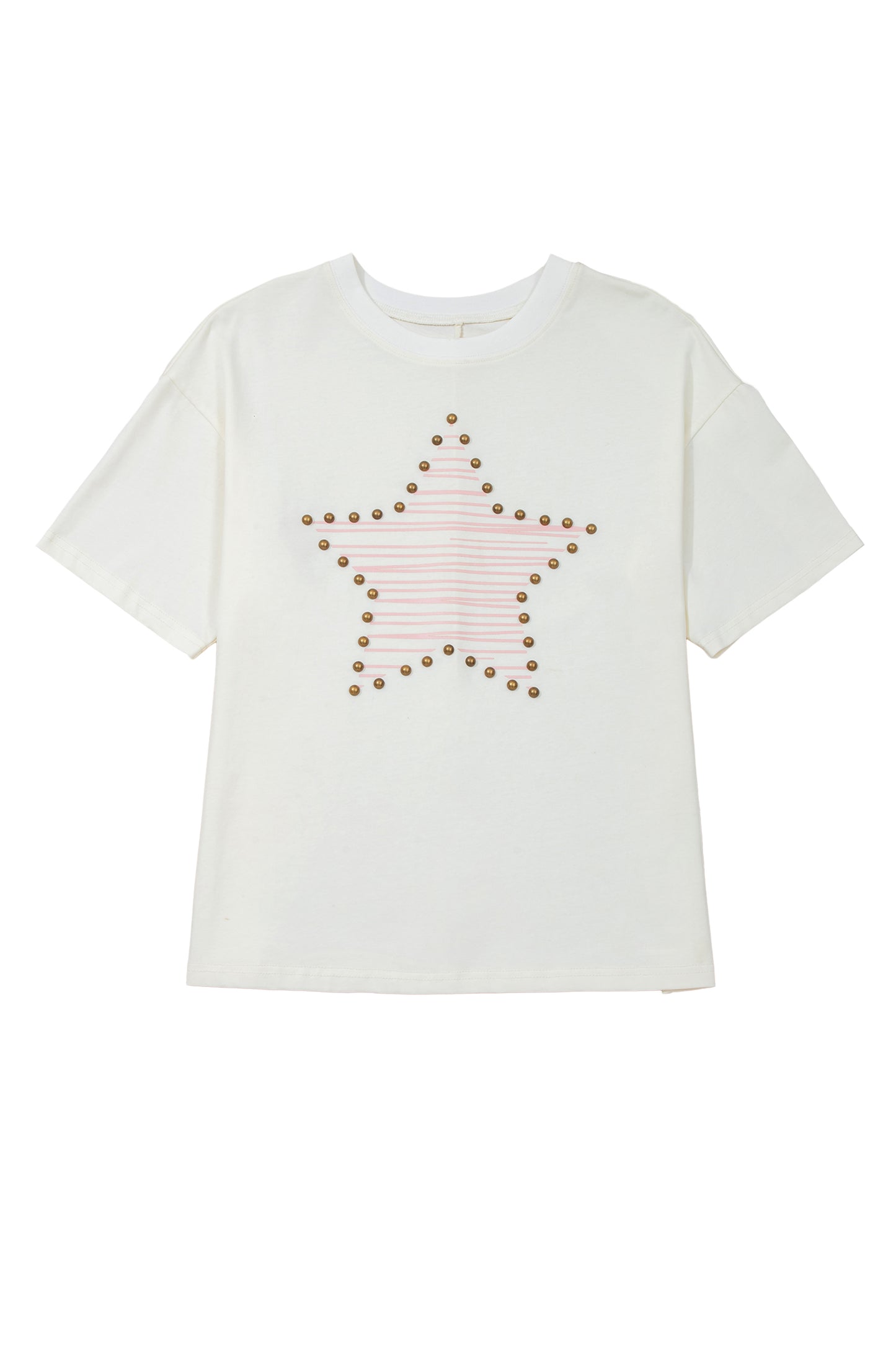 Beige Star Print Stud Detail Cotton Jersey Top