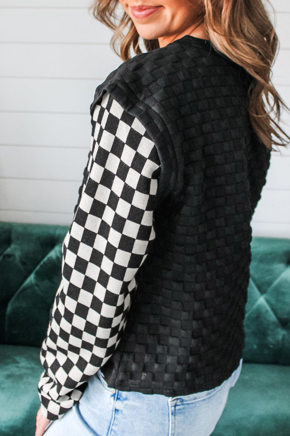 Black Plaid Textured Contrast Checkered Patchwork Long Sleeve Top