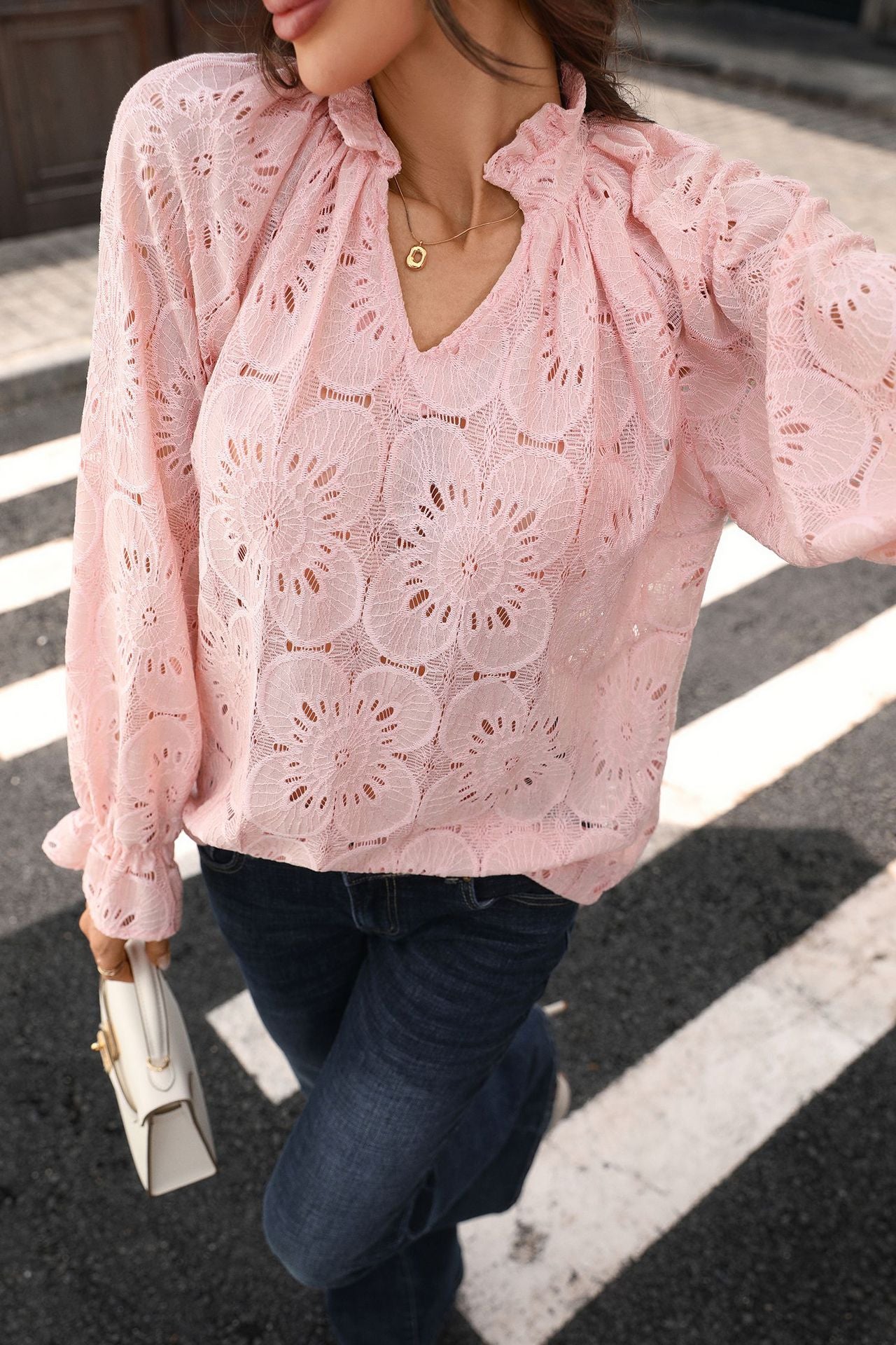 Eyelet Lace V Neck Top Long Sleeve Loose Casual Blouse