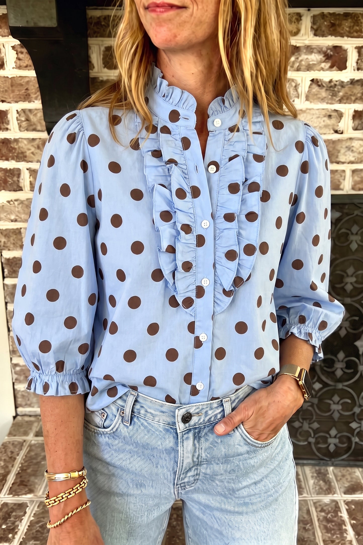 Black white Polka Dot Striped Print Ruffle Stand Neck 3/4 Sleeve Shift Shirt