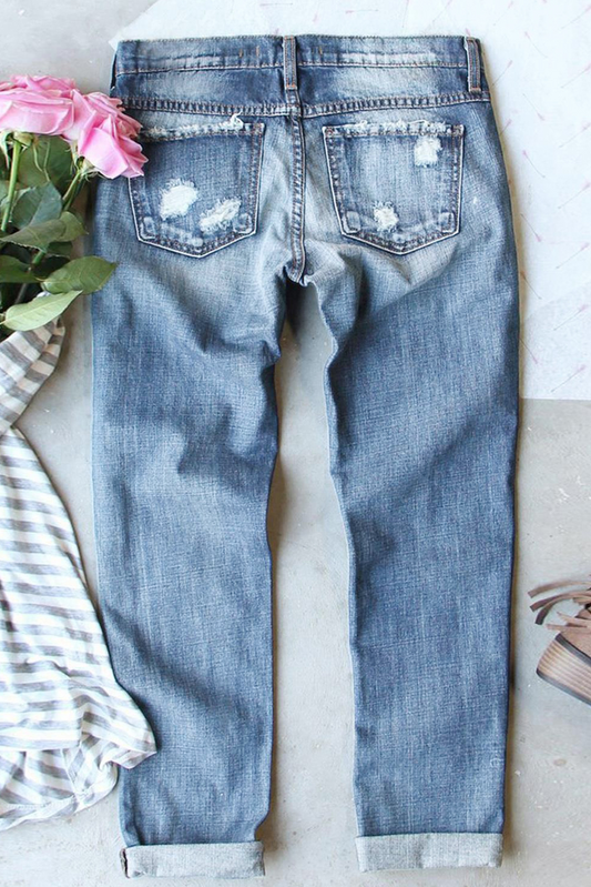 Light Blue Stars and Stripes Bow Patched Distressed Straight Jeans