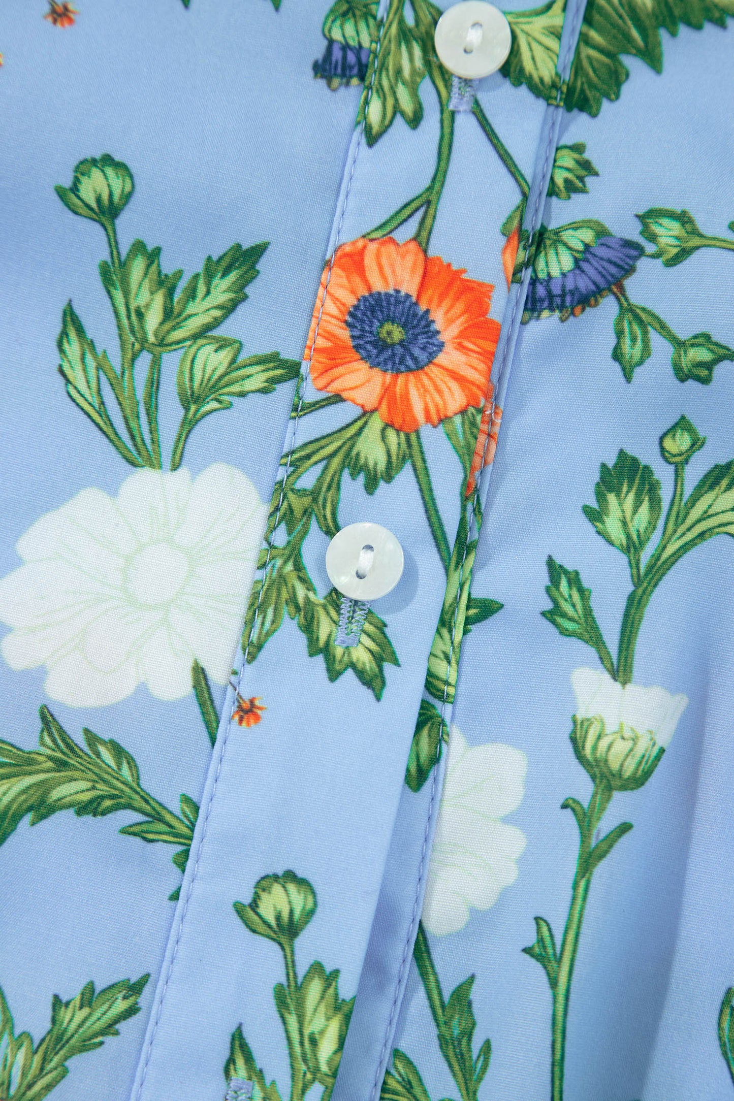 Sky Blue Floral Print Bracelet Sleeve Button Down Casual Shirt