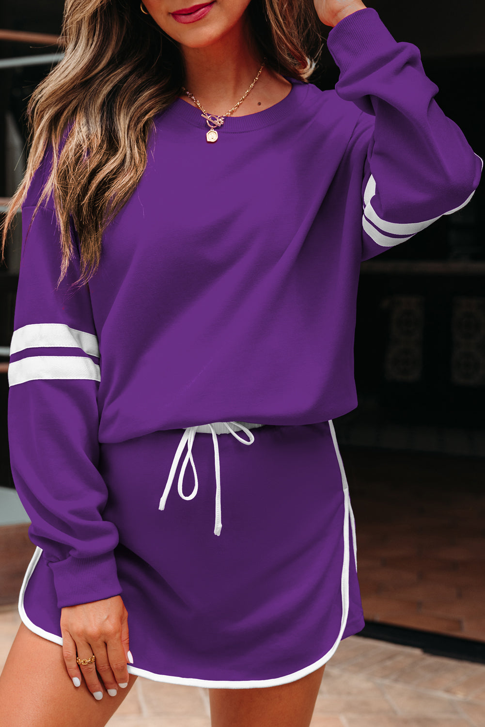Orange Varsity Stripe Detail Drop Shoulder Pullover Mini Skirt Set