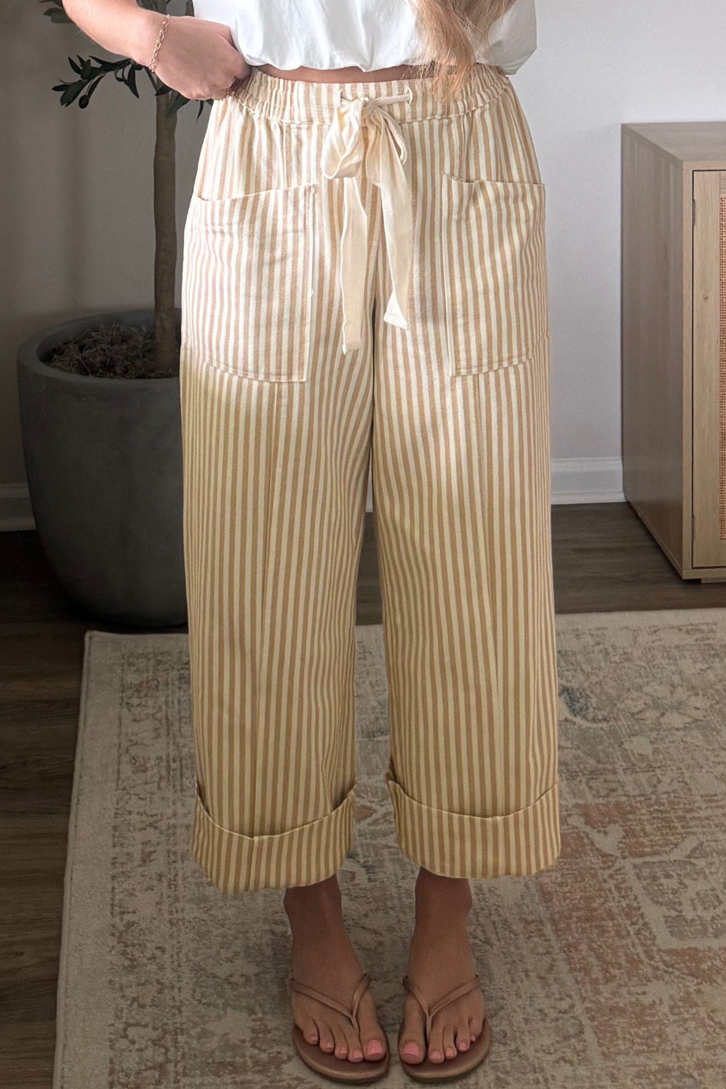 Apricot Stripe Ribbon Drawstring Waist Full-Length Shift Pant