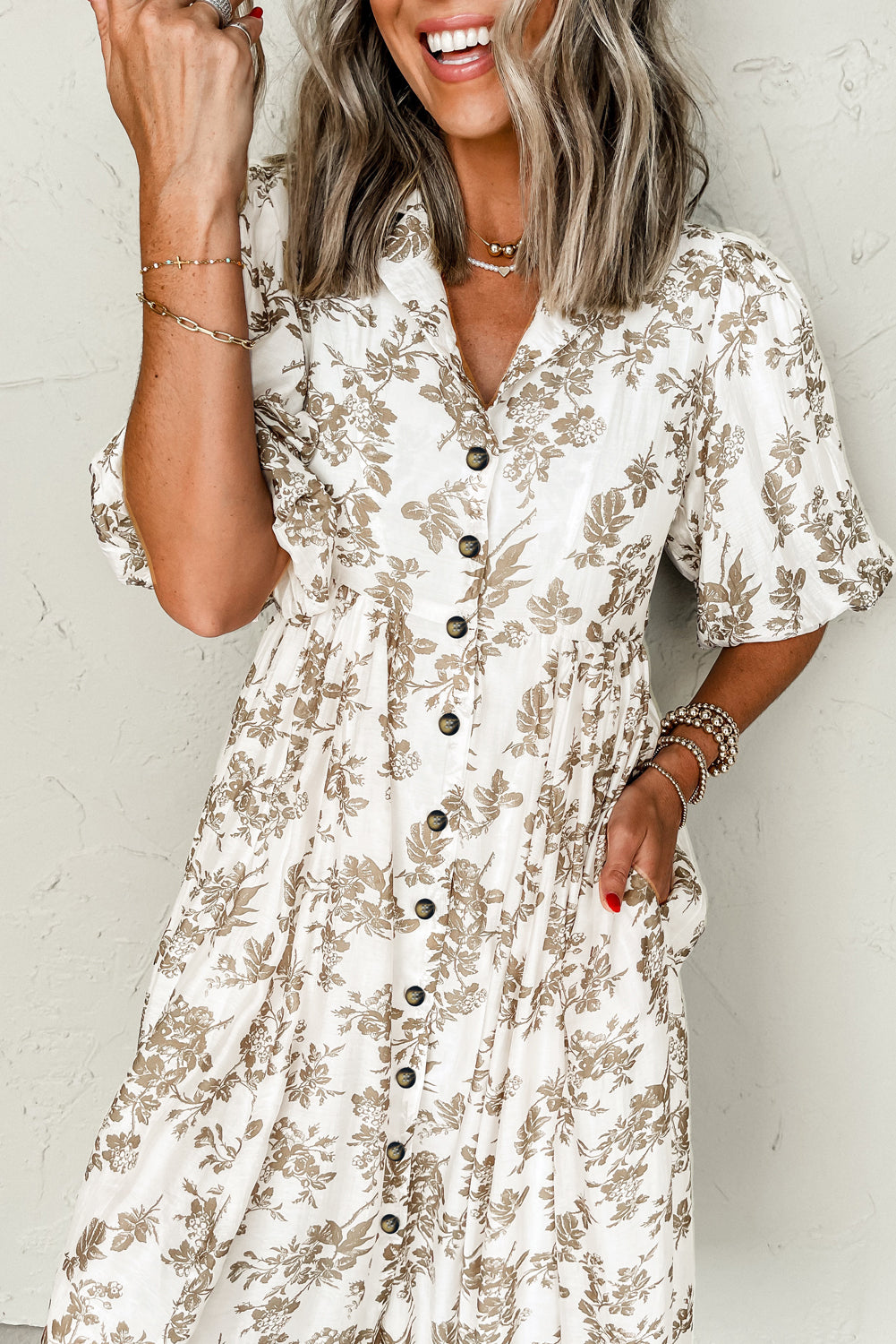 Khaki Floral Puff Sleeve V Neck Buttoned Front Maxi Dress