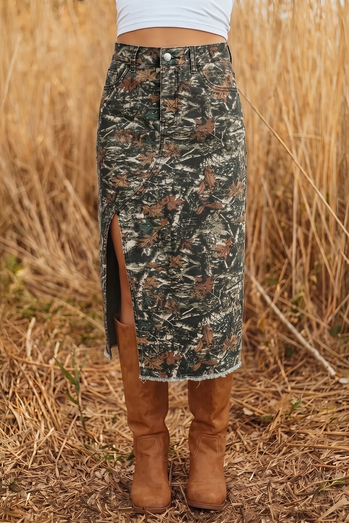 Multicolour Woodland Camouflage Split Raw Hem Midi Western Skirt