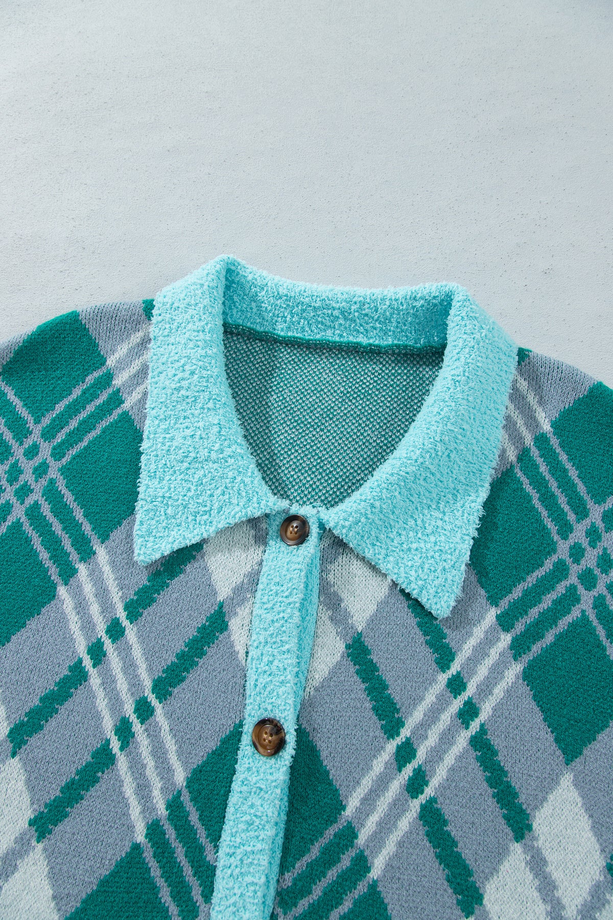 Green Plaid V Neck Long Sleeve Shift Cardigan Sweater