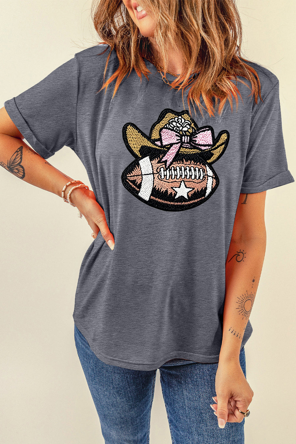 Western Cowgirl Football Embroidery Graphic T-Shirt