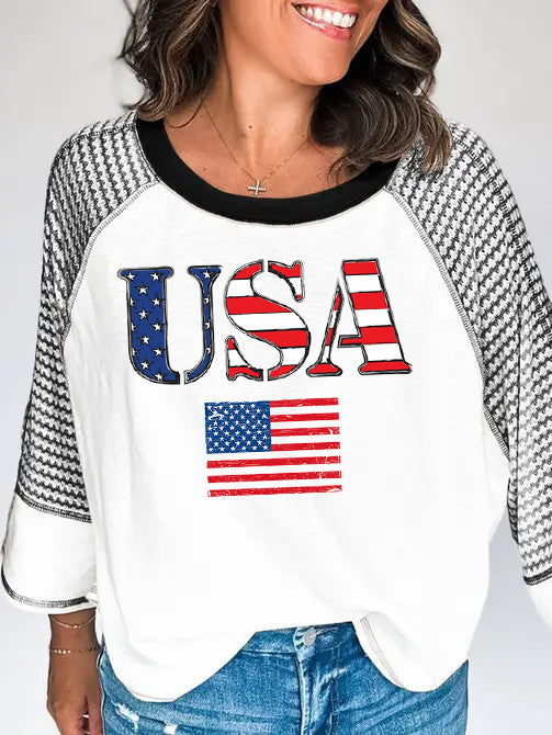 USA Print Striped Sleeve Raglan T-shirt for Casual Wear