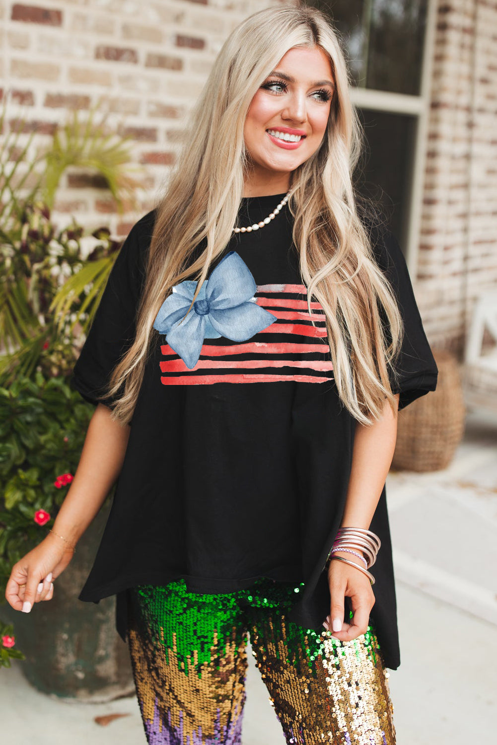 Casual Hi-Low Hem T Shirt with Watercolor Flag Print