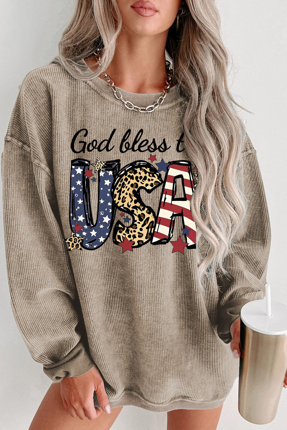 Graphic Sweatshirt with Leopard Print and Stars God Bless the USA