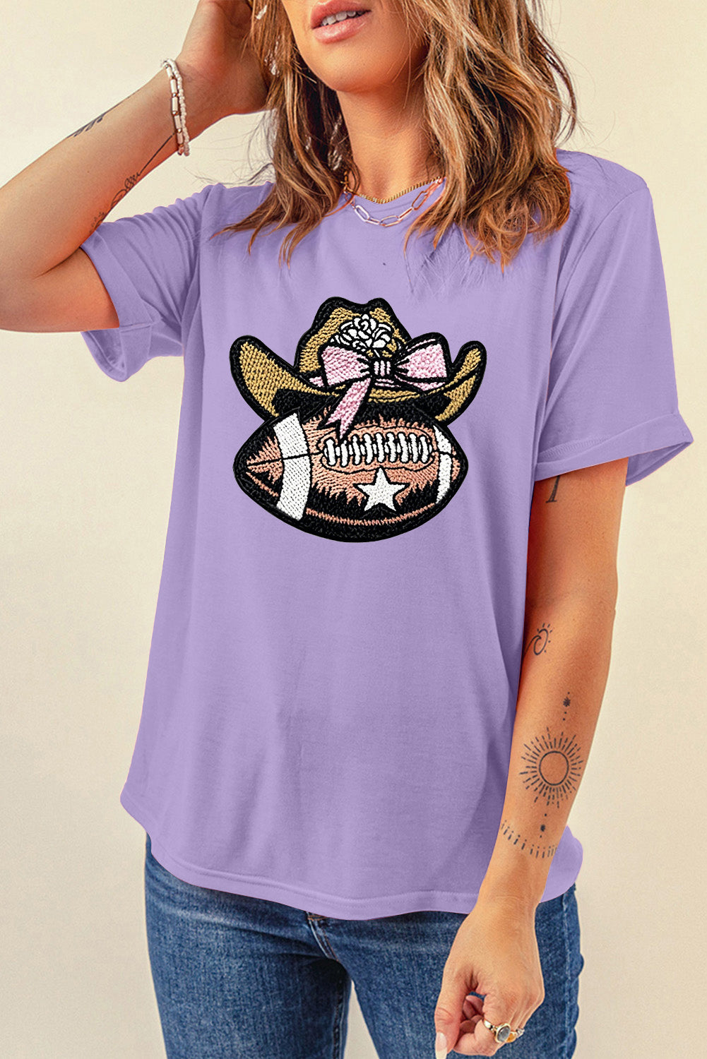 Western Cowgirl Football Embroidery Graphic T-Shirt