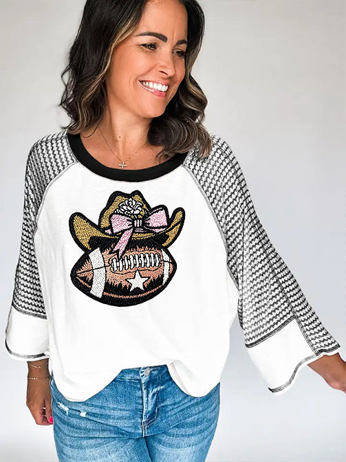 Cowgirl Hat Football Patch Striped Raglan Sleeve Top