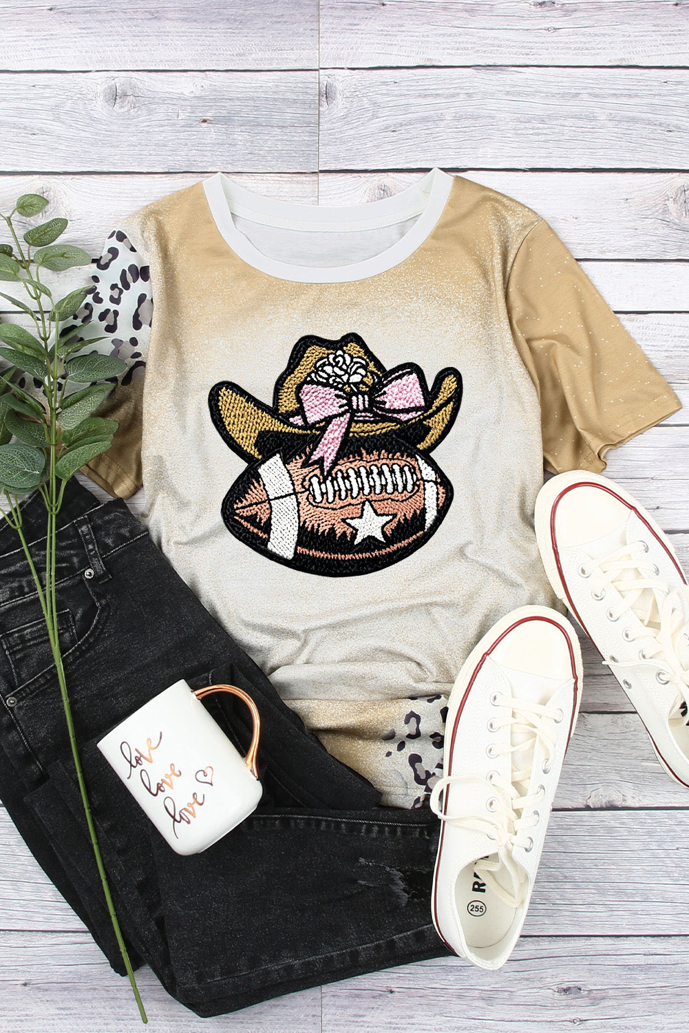 Short Sleeve Leopard Patch Football Graphic Top