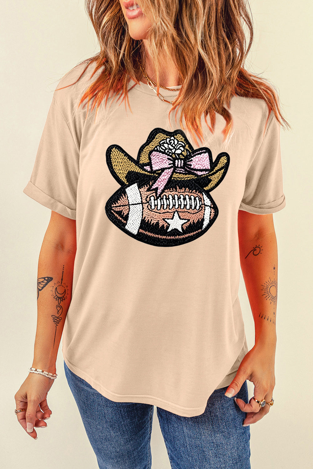 Western Cowgirl Football Embroidery Graphic T-Shirt