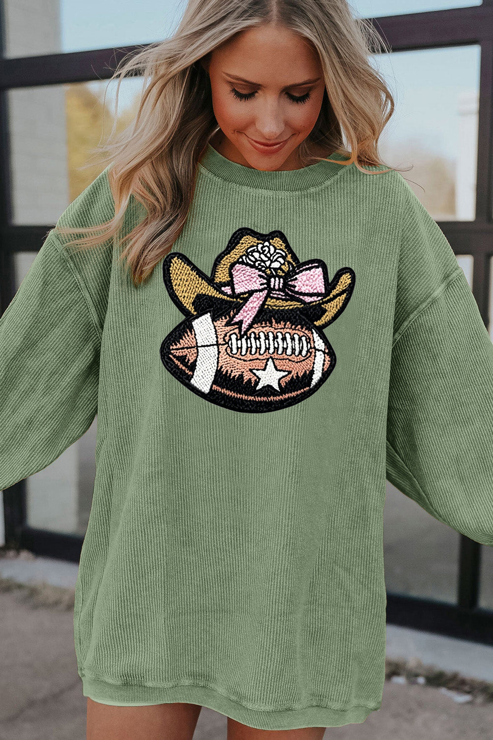 Oversized Ribbed Sweatshirt with Cowgirl Football Graphic
