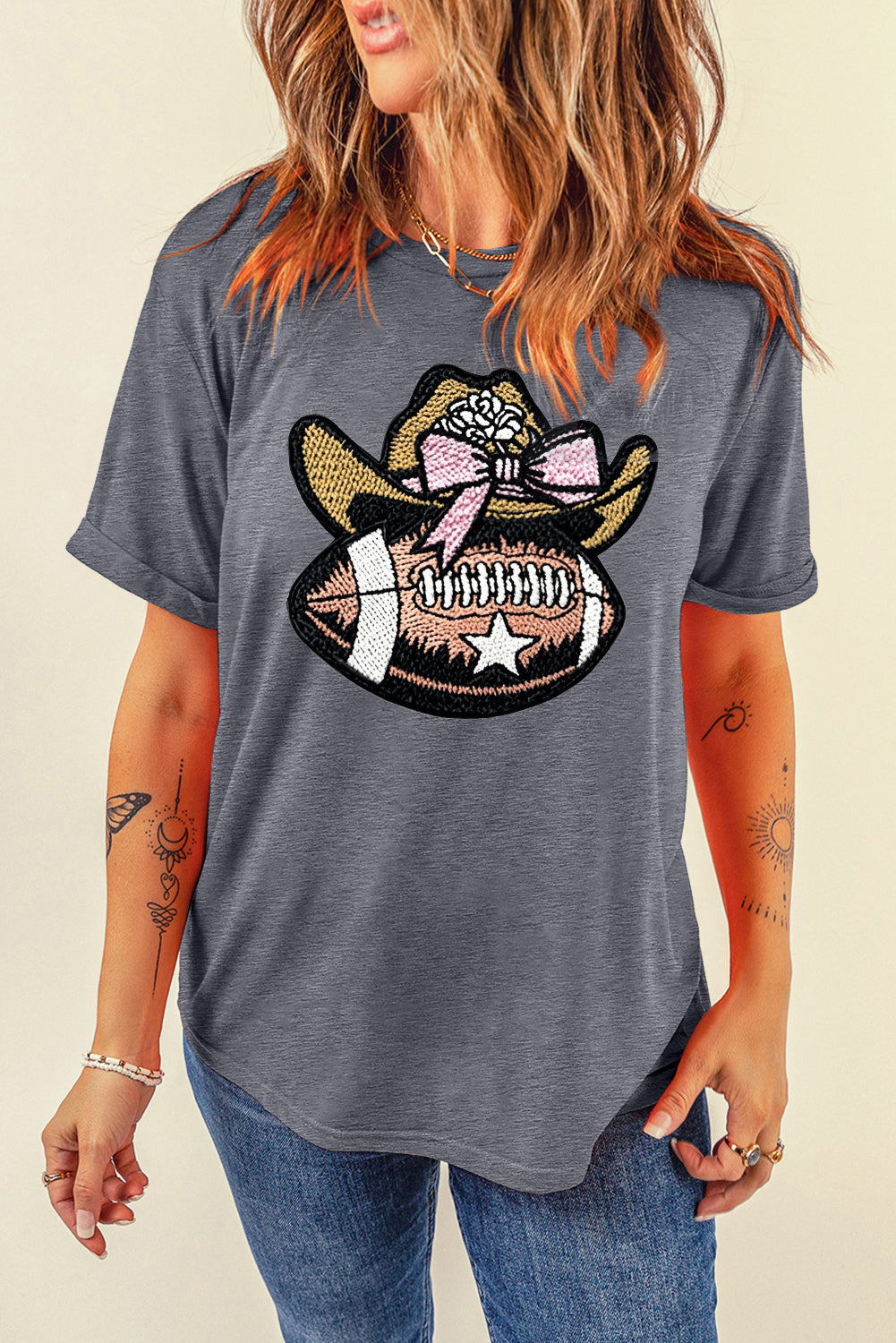 Western Cowgirl Football Embroidery Graphic T-Shirt