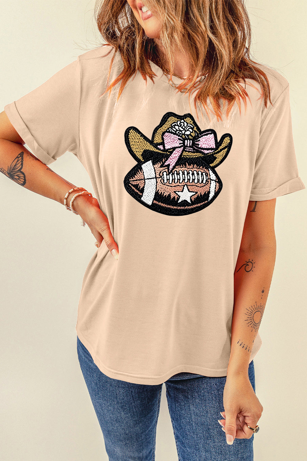 Western Cowgirl Football Embroidery Graphic T-Shirt