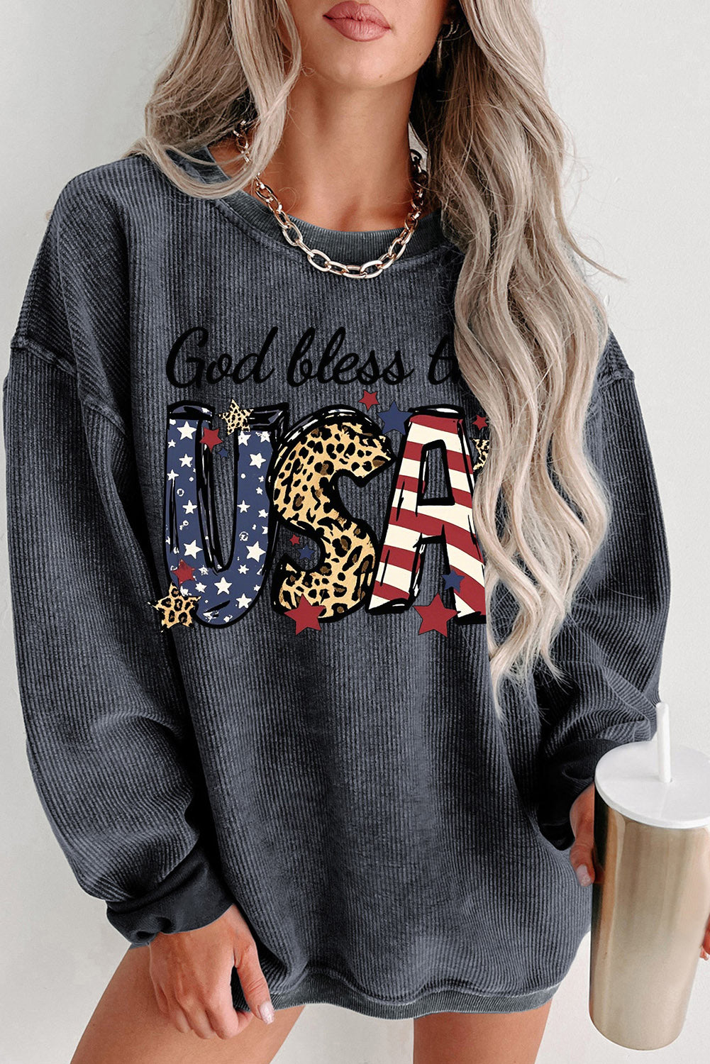Graphic Sweatshirt with Leopard Print and Stars God Bless the USA