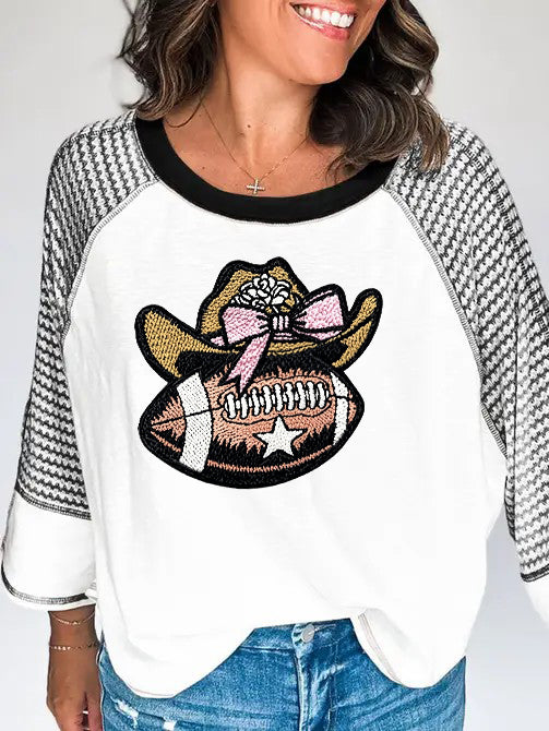 Cowgirl Hat Football Patch Striped Raglan Sleeve Top