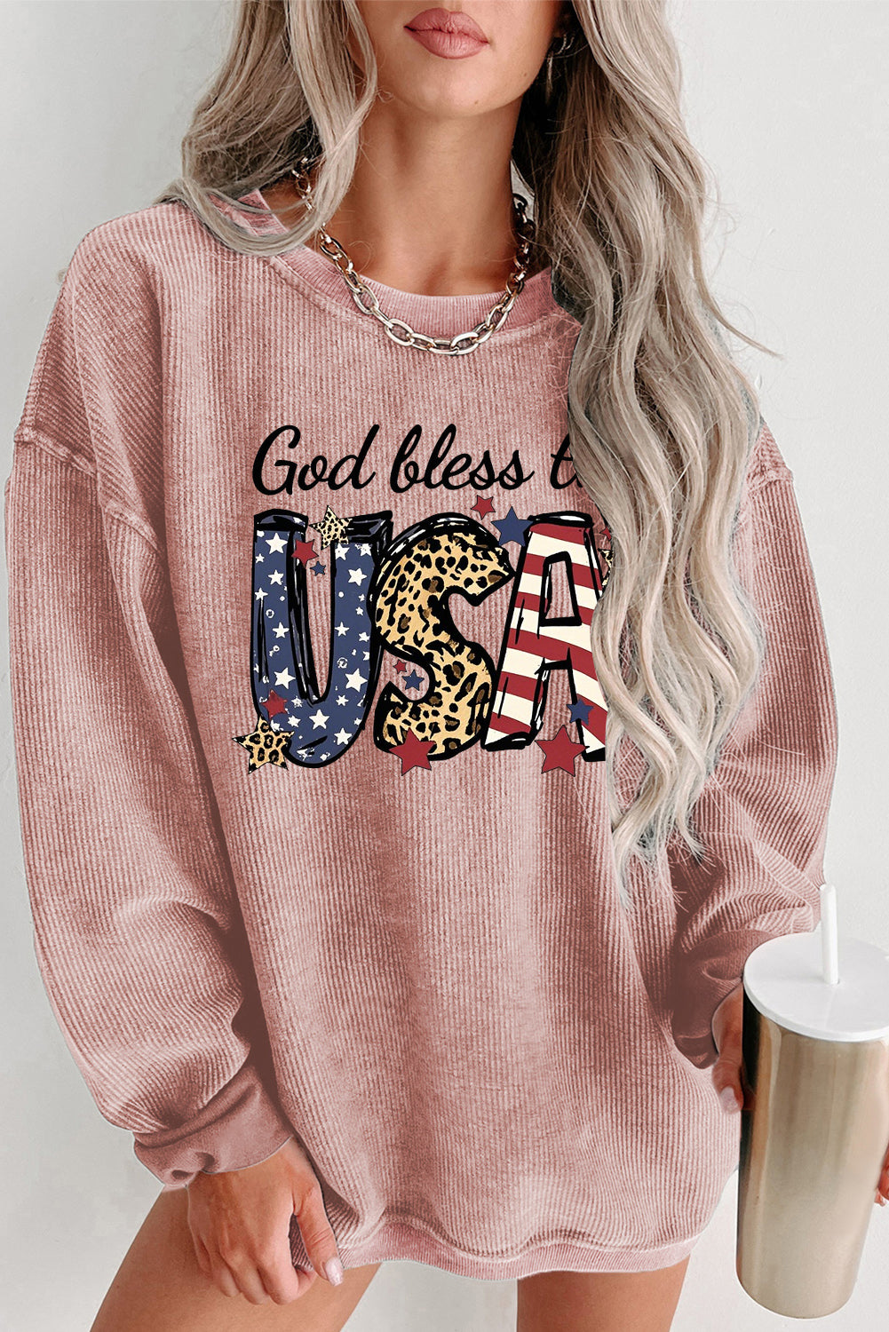 Graphic Sweatshirt with Leopard Print and Stars God Bless the USA