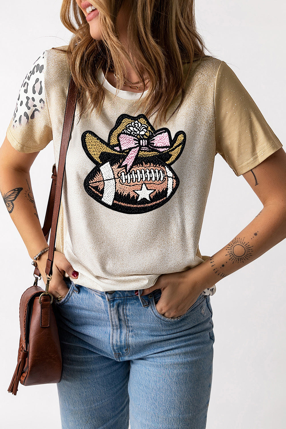 Short Sleeve Leopard Patch Football Graphic Top