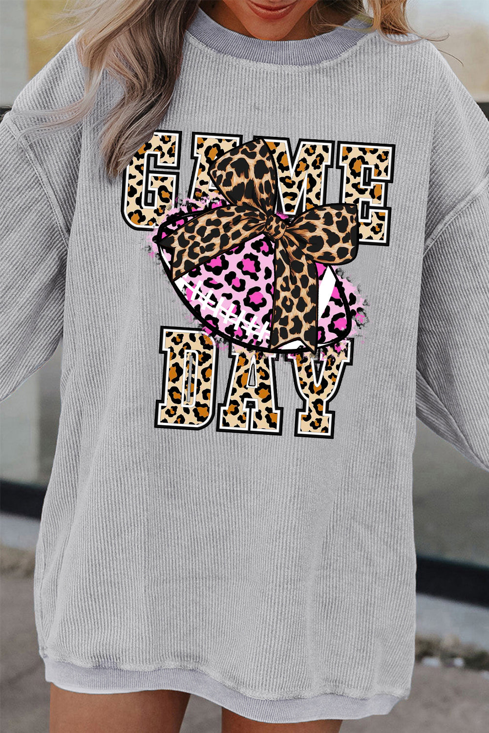 Game Day Rugby Ribbed Knit Leopard Crew Neck Pullover Sweatshirt