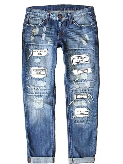 Custom Distressed Patchwork Ripped Denim Jeans Women