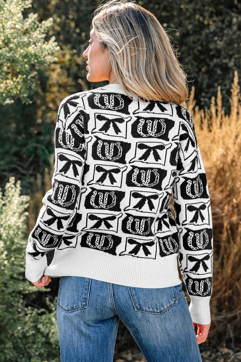 Brown Bows & Horseshoes Pattern Western Fashion Print Sweater