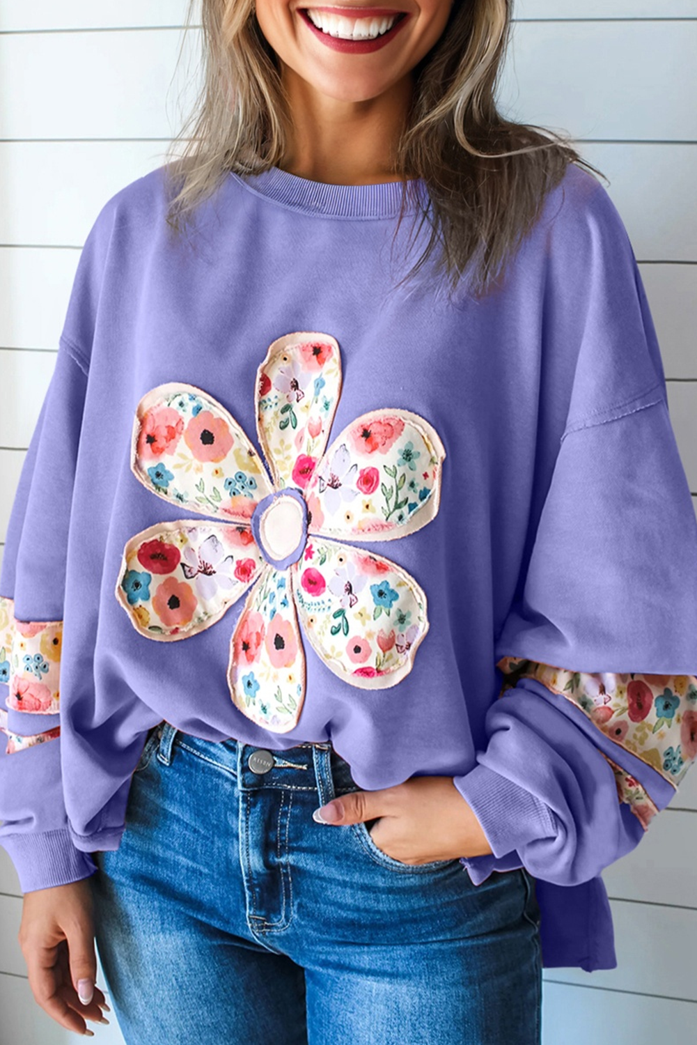 Peach Blossom Floral Applique Baggy Pullover Sweatshirt
