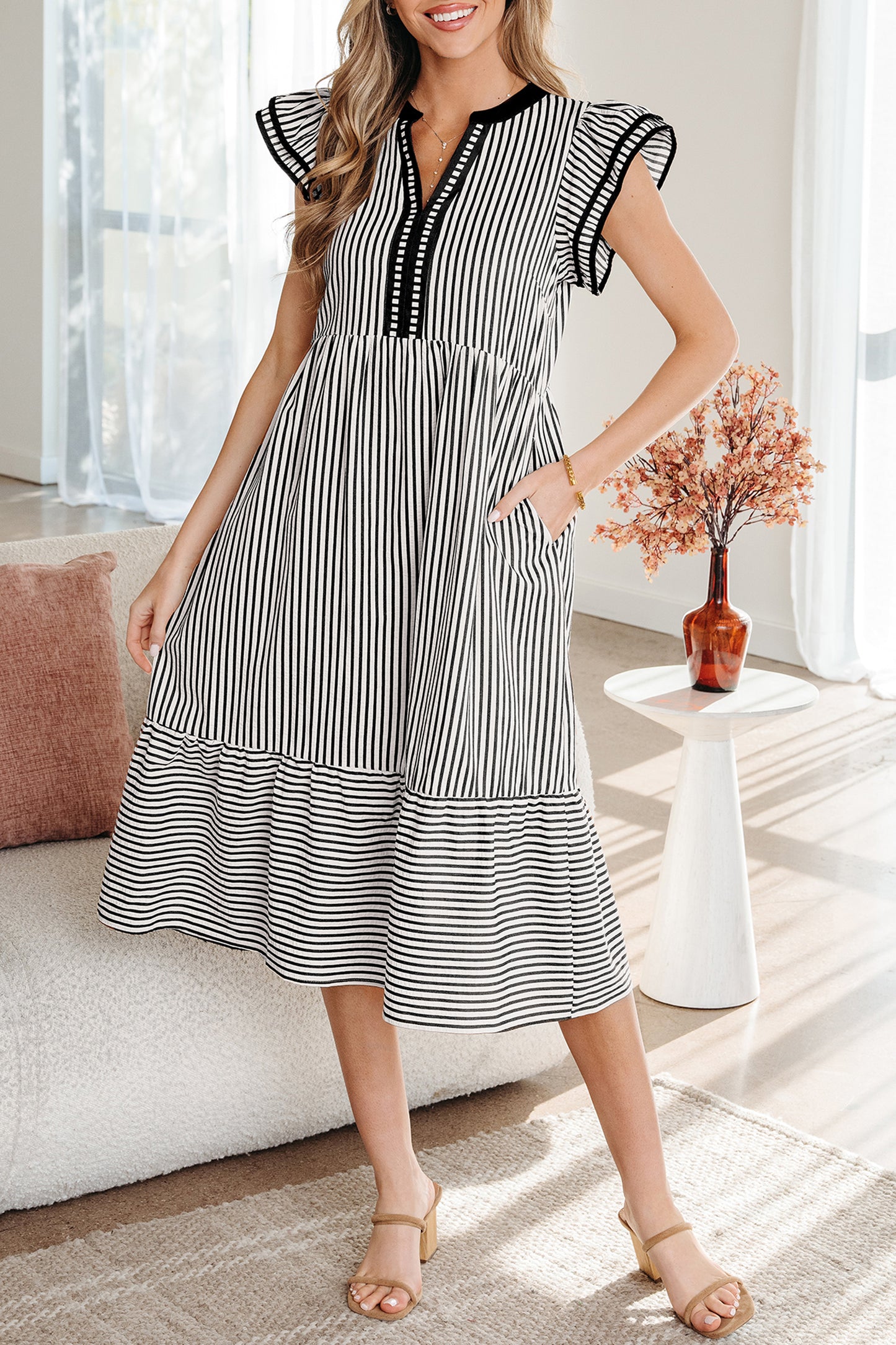 Brown Stripe Double Ruffled Short Sleeve Contrast Trim V Neck Midi Dress