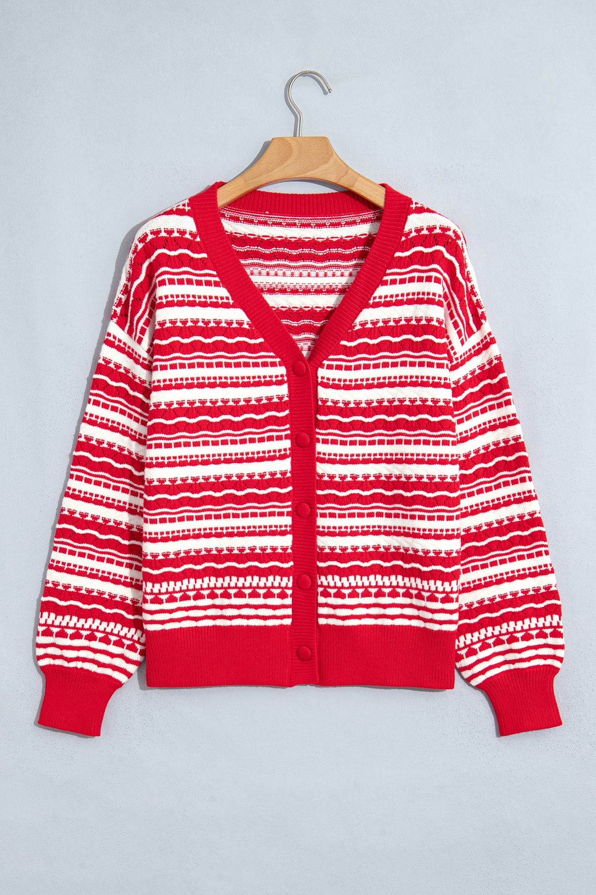 Red Geometric Striped Pattern V Neck Button Front Casual Knit Cardigan