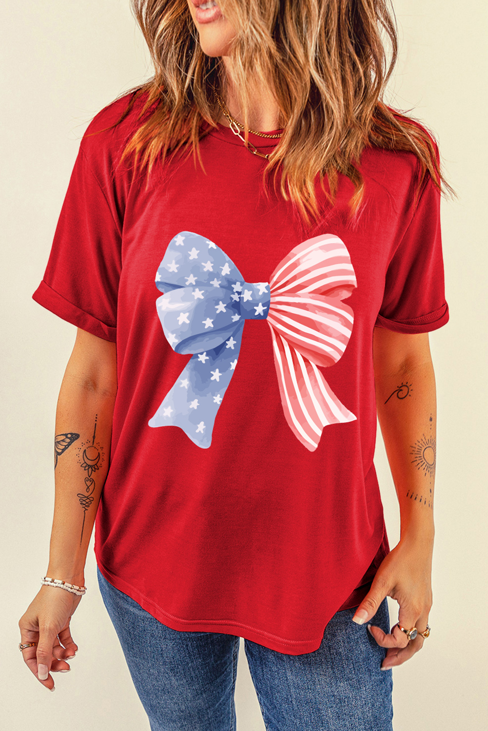 Red Stars and Stripes Bow Print Independence Day T Shirt