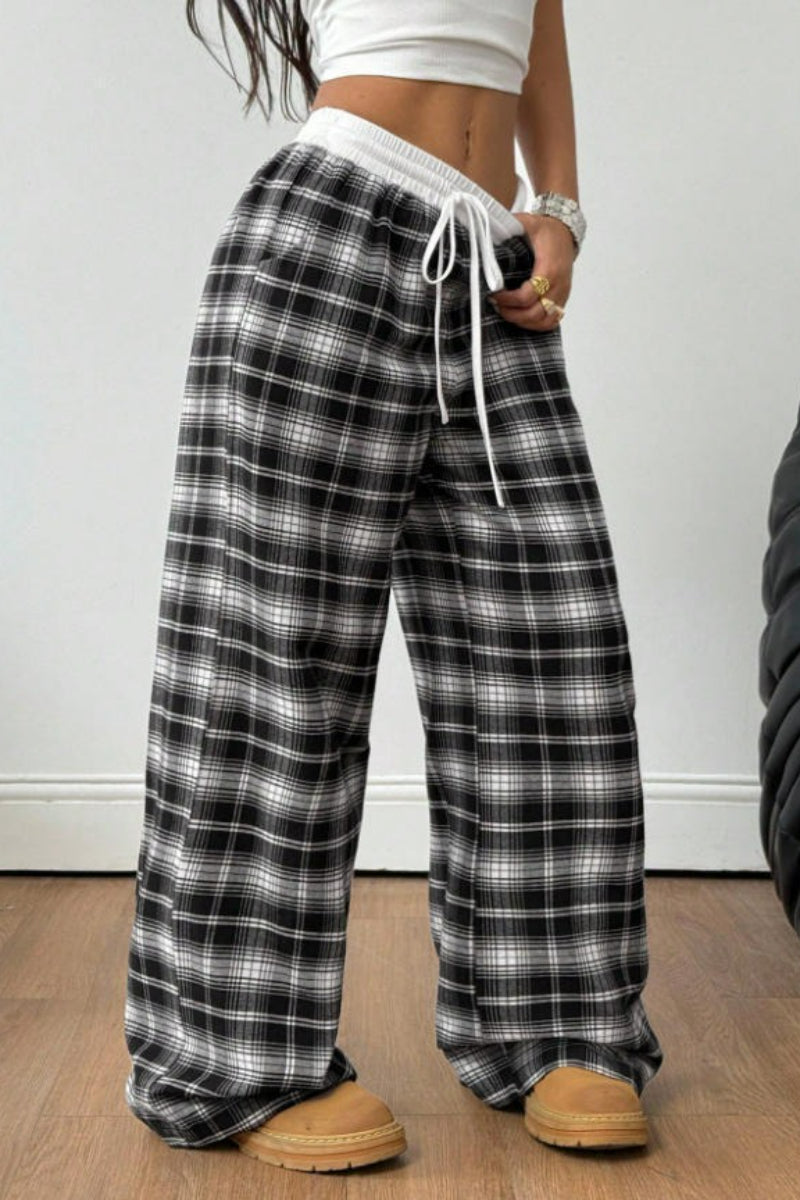 Plaid Wide Leg Pants Drawstring Elastic Waist Casual