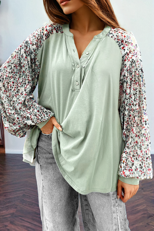 Mist Green Contrast Printed Bubble Sleeve Henley Loose Top with Slits