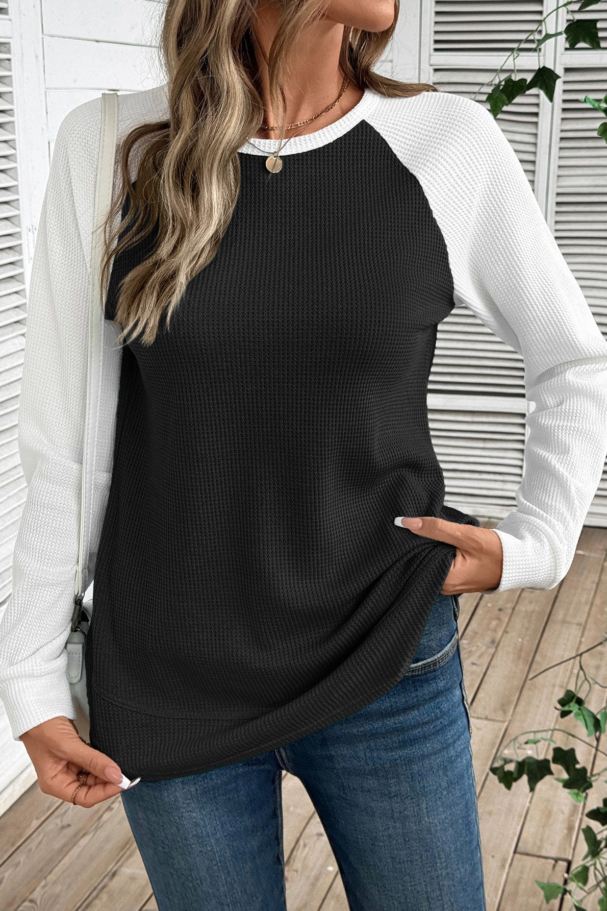 Colorblock Cotton Top Casual Waffle Raglan Sleeve