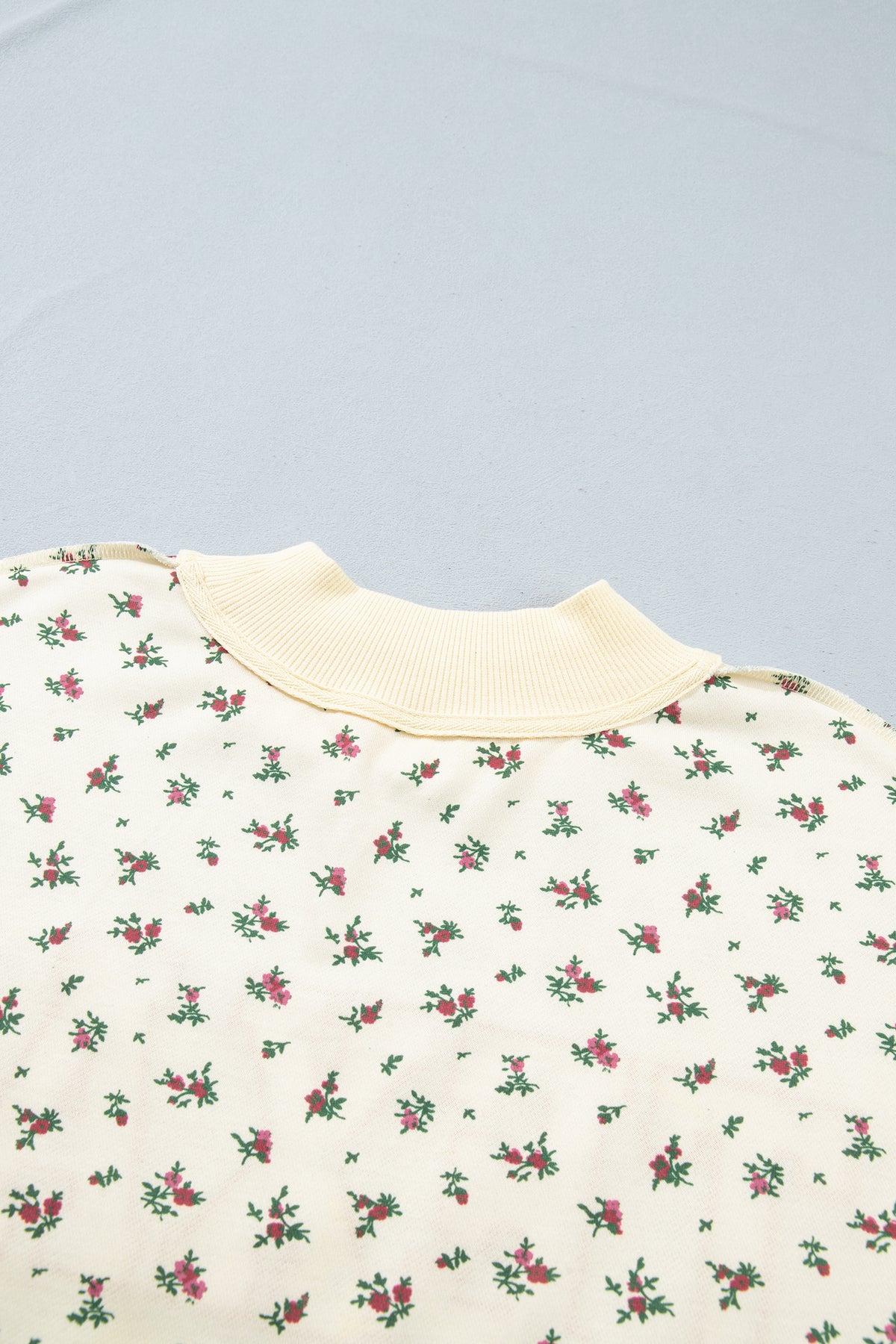 Beige Floral Print Stand Neck Long Sleeve Slogan Sweatshirt