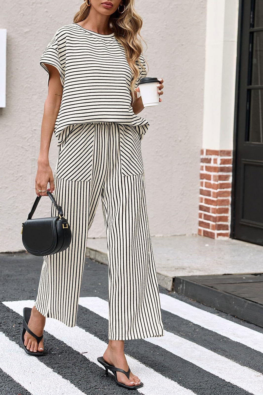Striped Wide Leg Pants Set Casual Summer Lounge Outfit