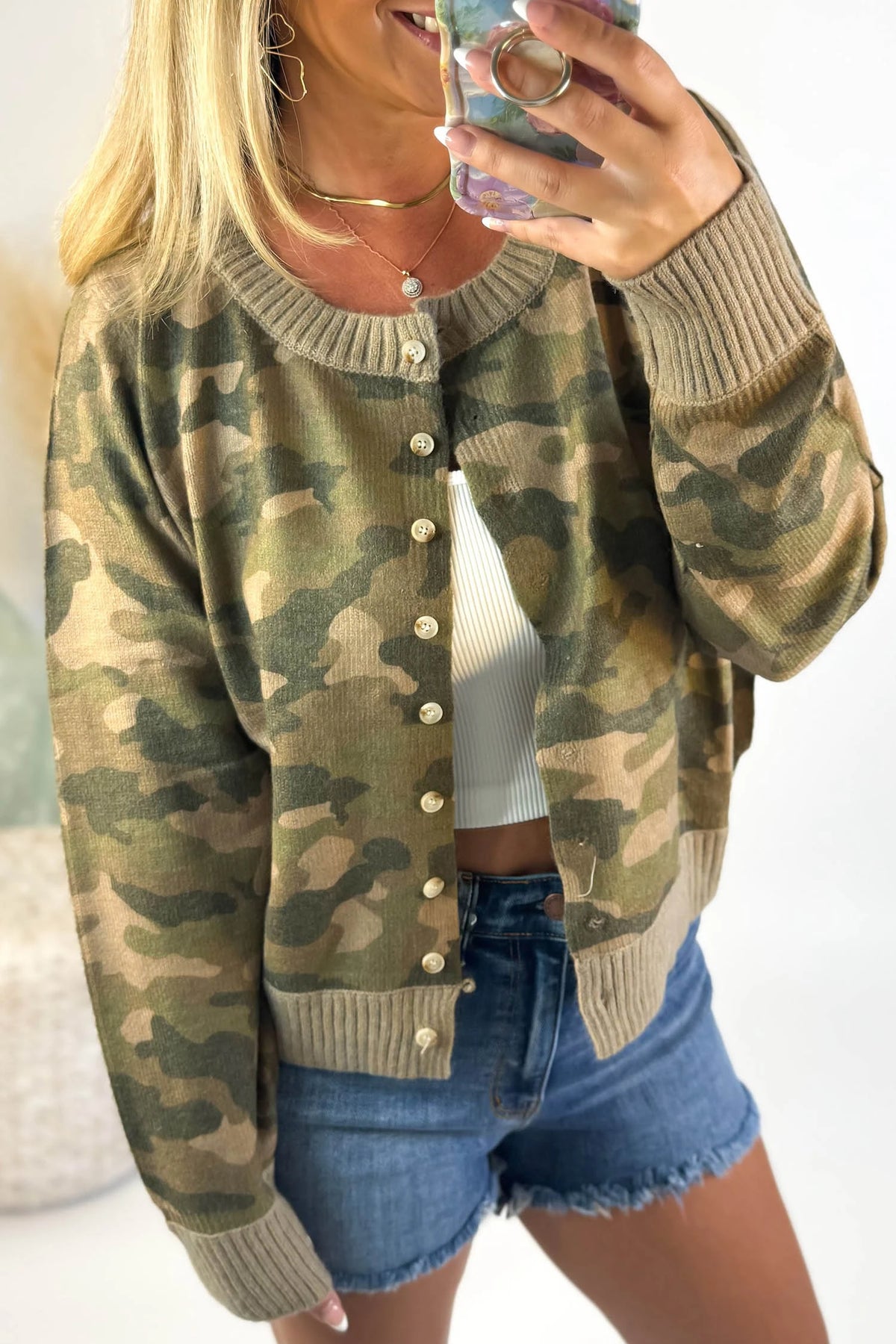 Green Camouflage Knit Ribbed Trim Round Neck Button Sweater Cardigan