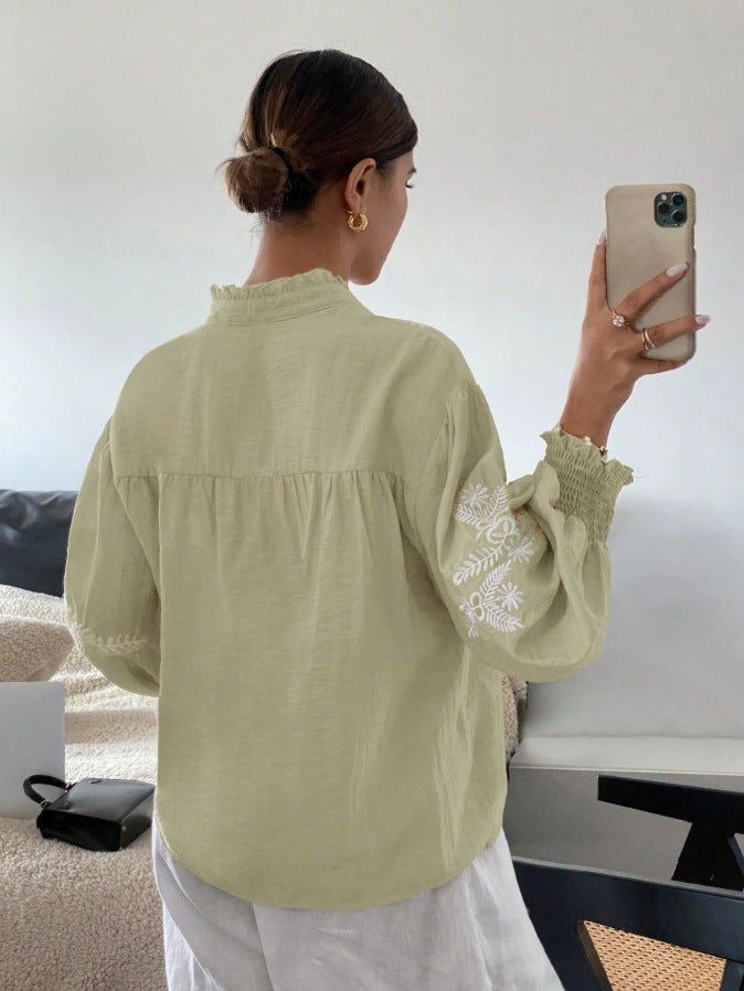 Floral Blend Blouse Boho Embroidered Puff Sleeve