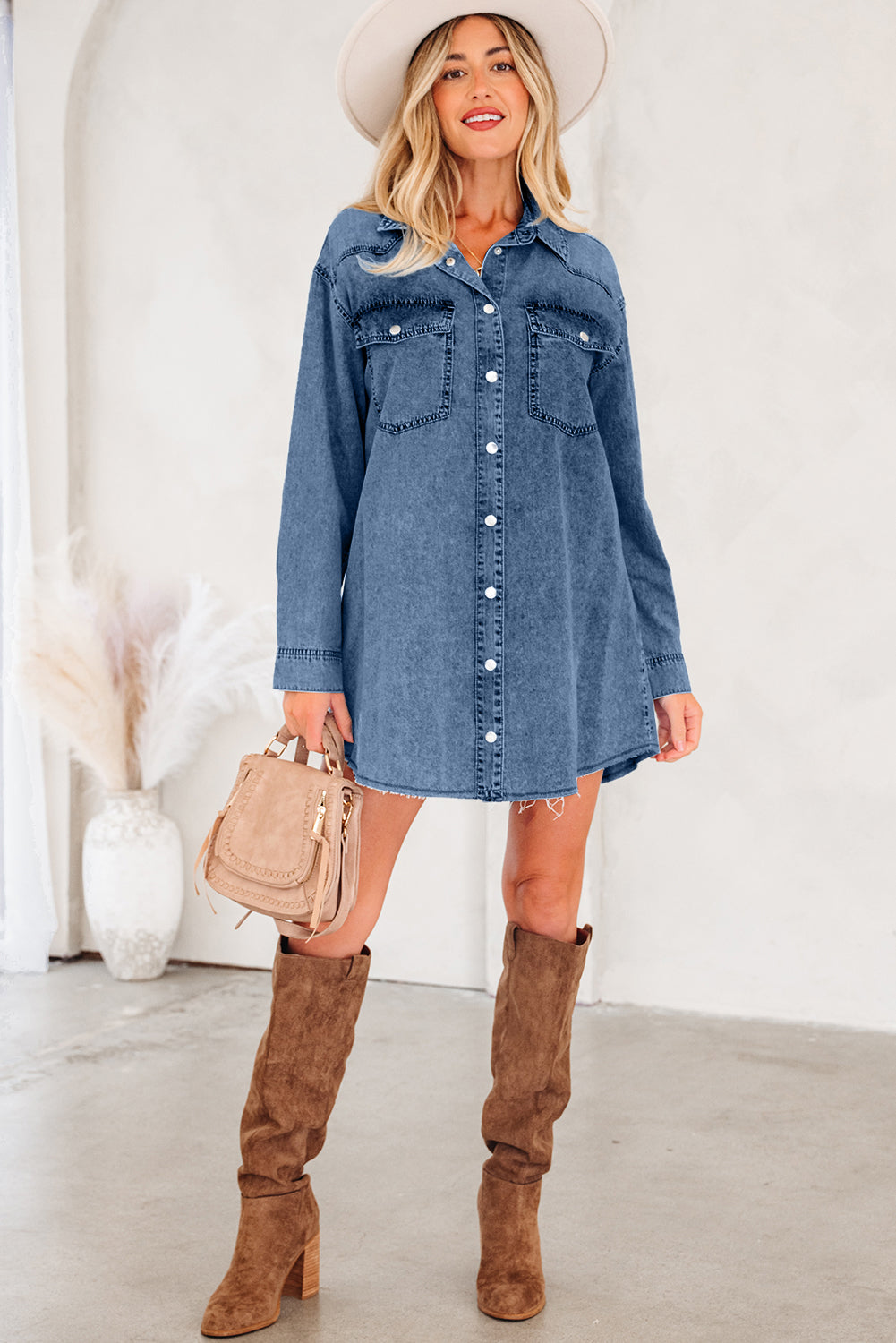Beau Blue Chest Pocket Raw Hem Denim Loose Shirt Dress