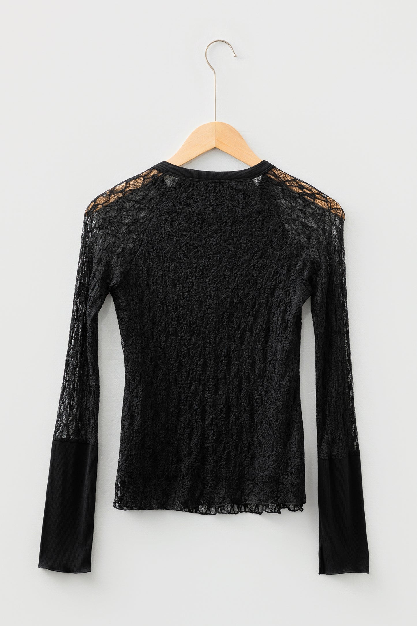 Black Sheer Lace Long Sleeve Slim Henley Top