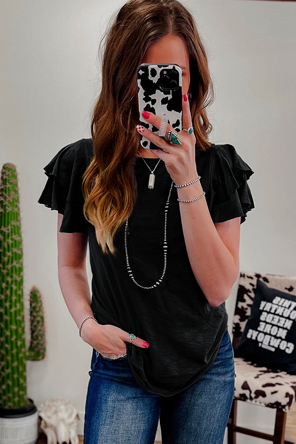 Dark Grey Layered Ruffle Short Sleeve Round Neck Top