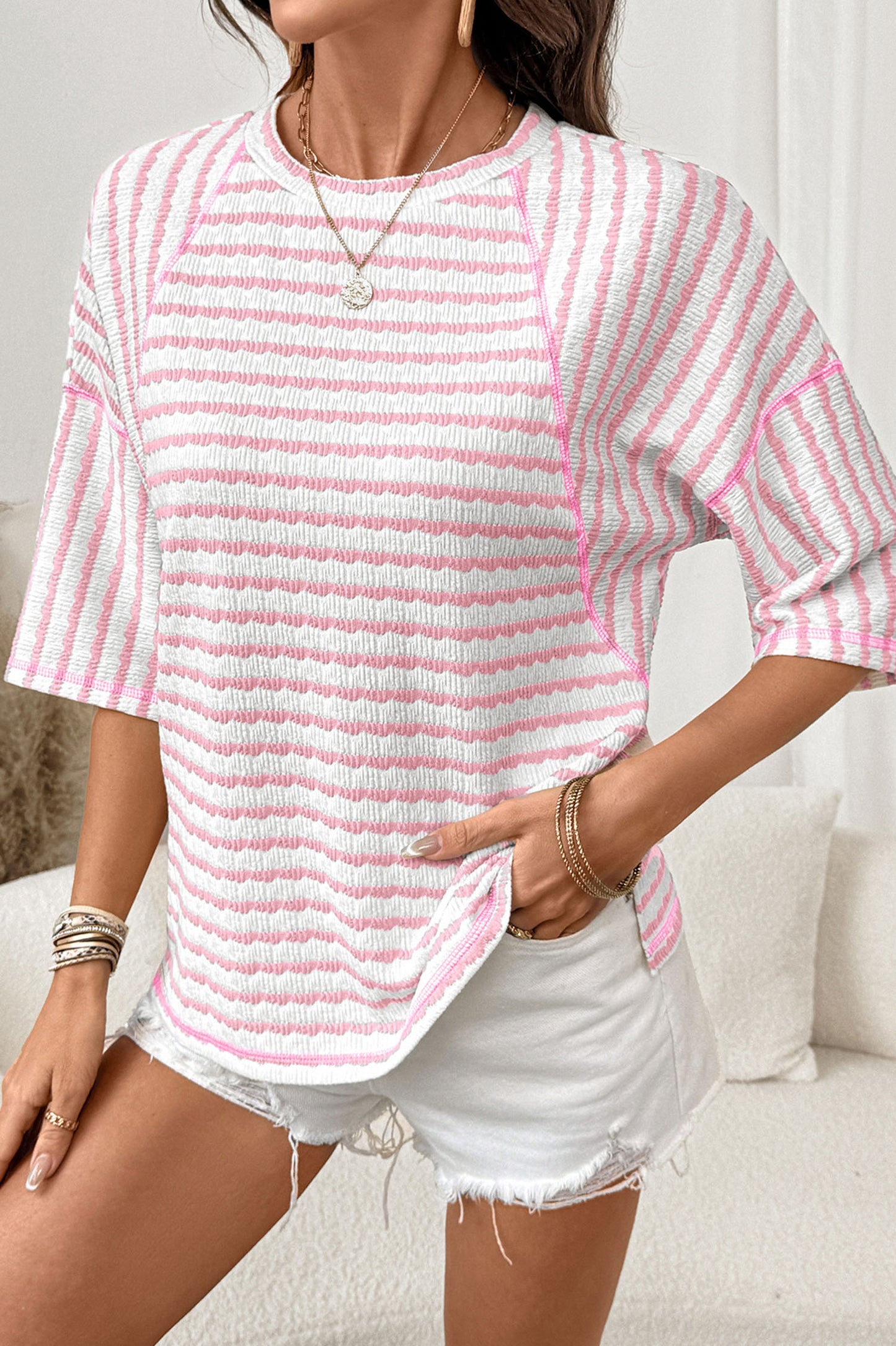 Apricot Stripe Textured Knit Split Hem Half Sleeve Loose Top
